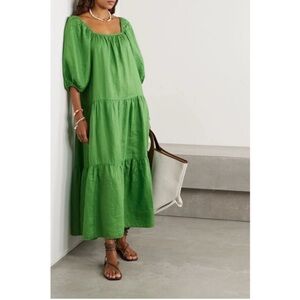 SOLID & STRIPED Tiered Peasant Maxi Dress Linen 1/2 Sleeve Palm Green Medium